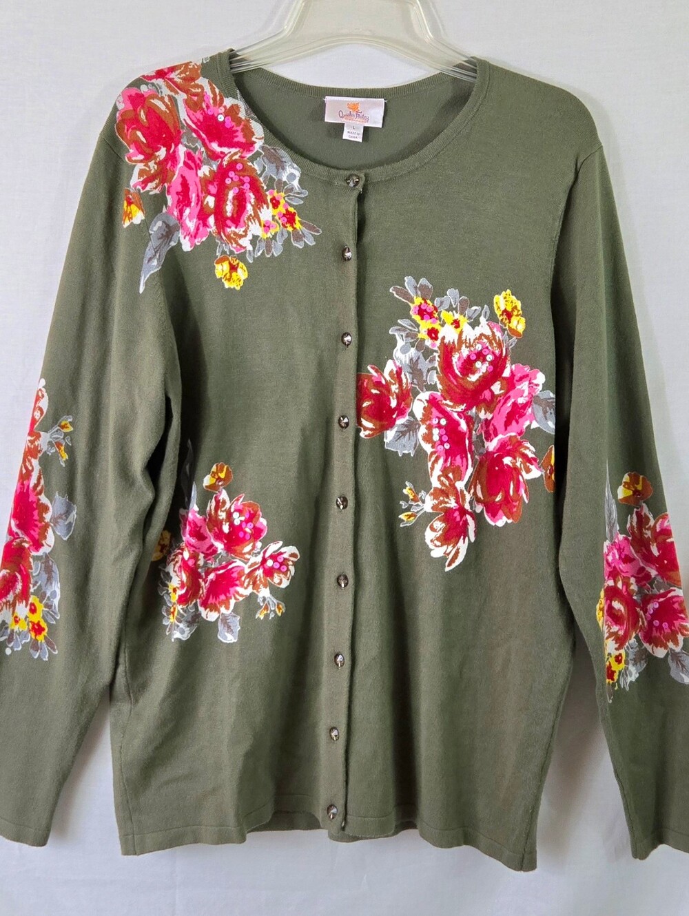 Quacker Factory Women's Olive Green Sequin Floral Cardigan Size Large